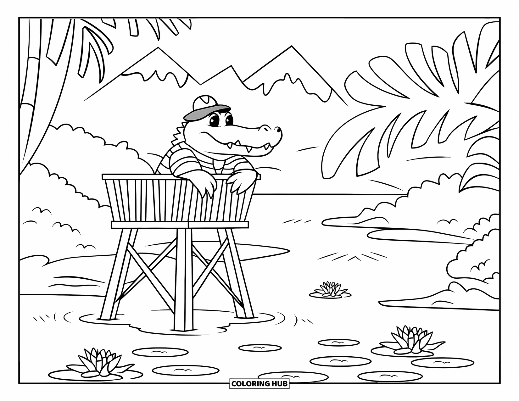 Desenho de Crocodilo para Colorir para Crianças: Um crocodilo listrado e de chapéu examina o rio de uma torre com folhas de nenúfar