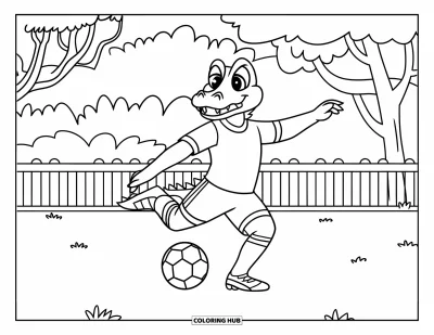 Coloriage Crocodile pour enfants : Un crocodile frappe un ballon de soccer à travers un terrain avec des arbres en arrière-plan