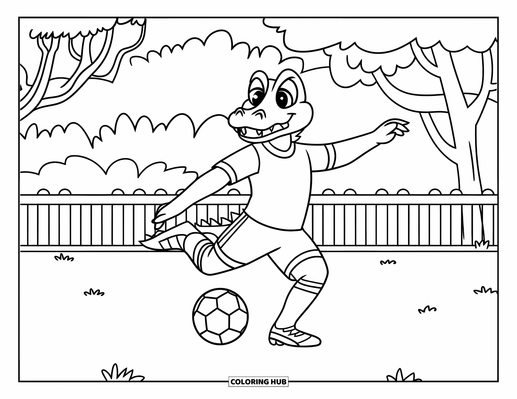 Desenho de Crocodilo para Colorir para Crianças: Um crocodilo chuta uma bola de futebol em um campo com árvores ao fundo