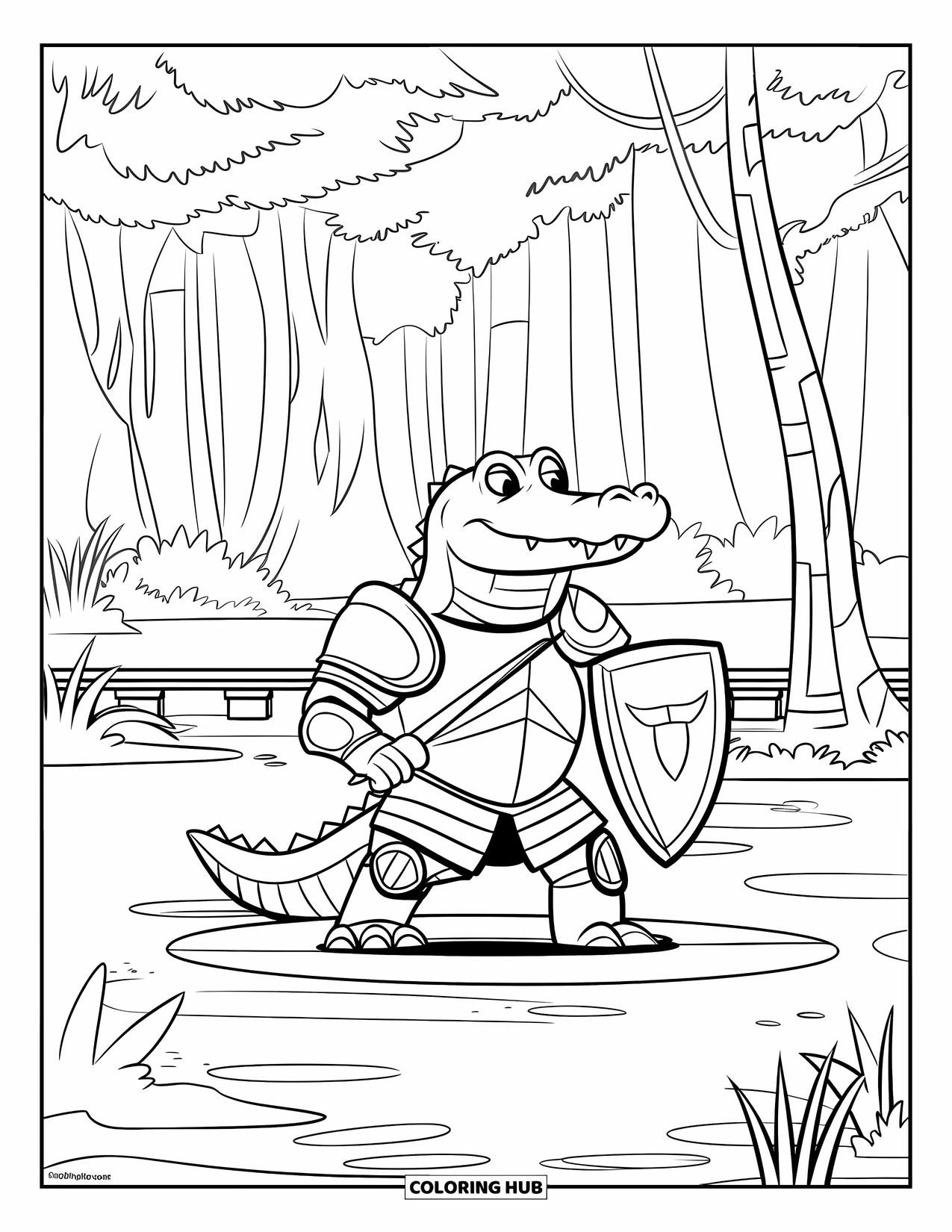 Desenho de Crocodilo para Colorir para Crianças: Um crocodilo cavaleiro de armadura segura um escudo em uma plataforma pantanosa na selva