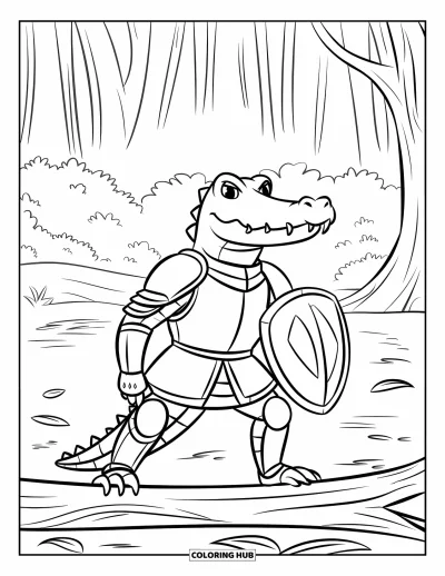 Coloriage de crocodiles pour enfants : Un crocodile chevalier se tient fièrement sur un tronc avec des arbres de jungle en arrière-plan