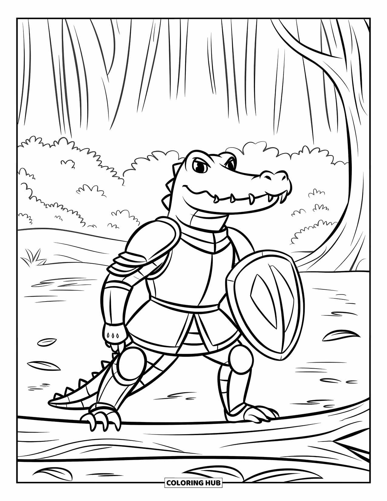 Desenho de Crocodilo para Colorir para Crianças: Um crocodilo cavaleiro está orgulhosamente em um tronco com árvores da selva atrás