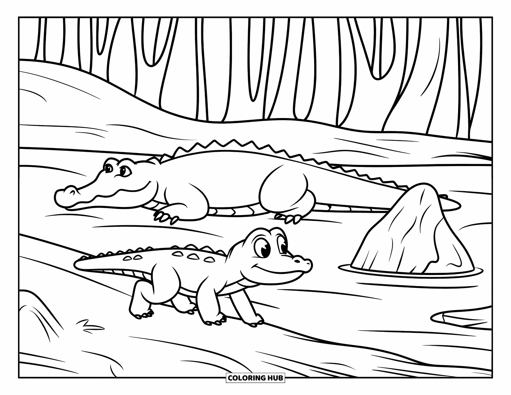 Desenho de Crocodilo para Colorir para Crianças: Uma mamãe crocodilo e seu bebê caminham por pedras e árvores altas perto do rio