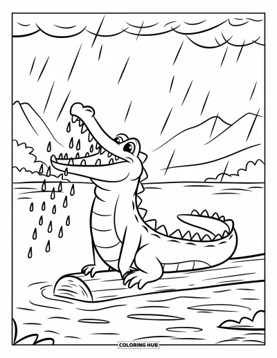 Coloriage Crocodile pour enfants : Un crocodile sur une bûche attrape des gouttes de pluie sous un ciel nuageux