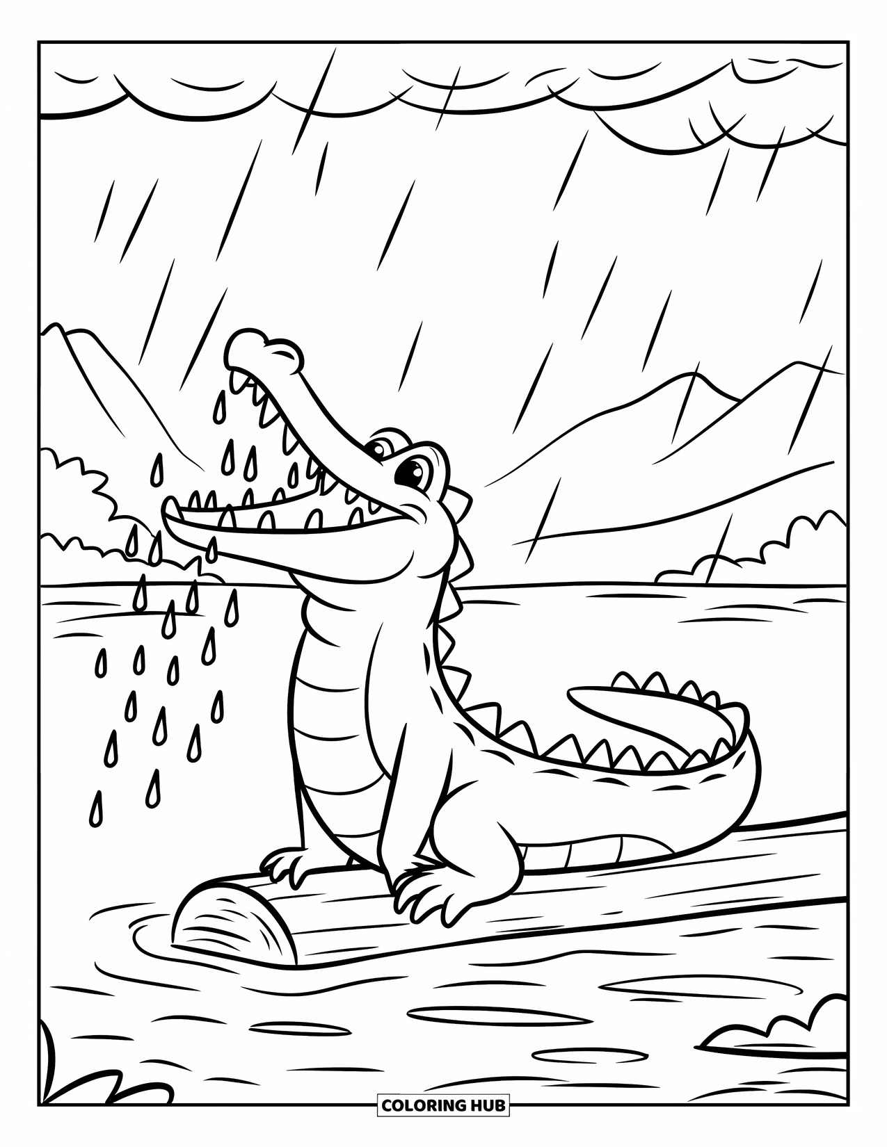 Desenho de Crocodilo para Colorir para Crianças: Um crocodilo em um tronco pega gotas de chuva sob um céu nublado