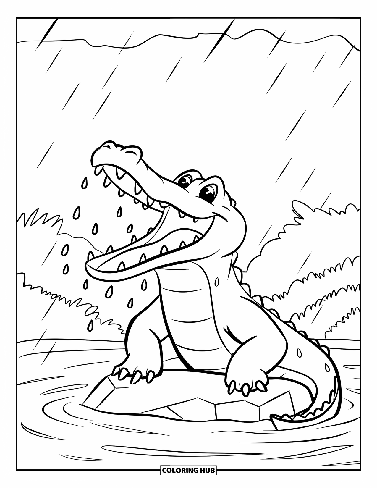 Desenho de Crocodilo para Colorir para Crianças: Um crocodilo em uma pedra pega gotas de chuva com árvores e vegetação ao redor