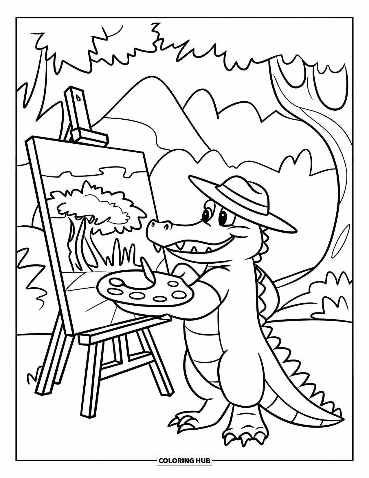 Desenho de Crocodilo para Colorir para Crianças: Um crocodilo pinta uma selva em uma tela com montanhas ao fundo