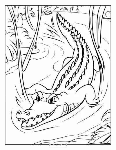 Coloriage Crocodile pour enfants : Un crocodile se fraye un chemin à travers d’épaisses vignes en nageant à contre-courant