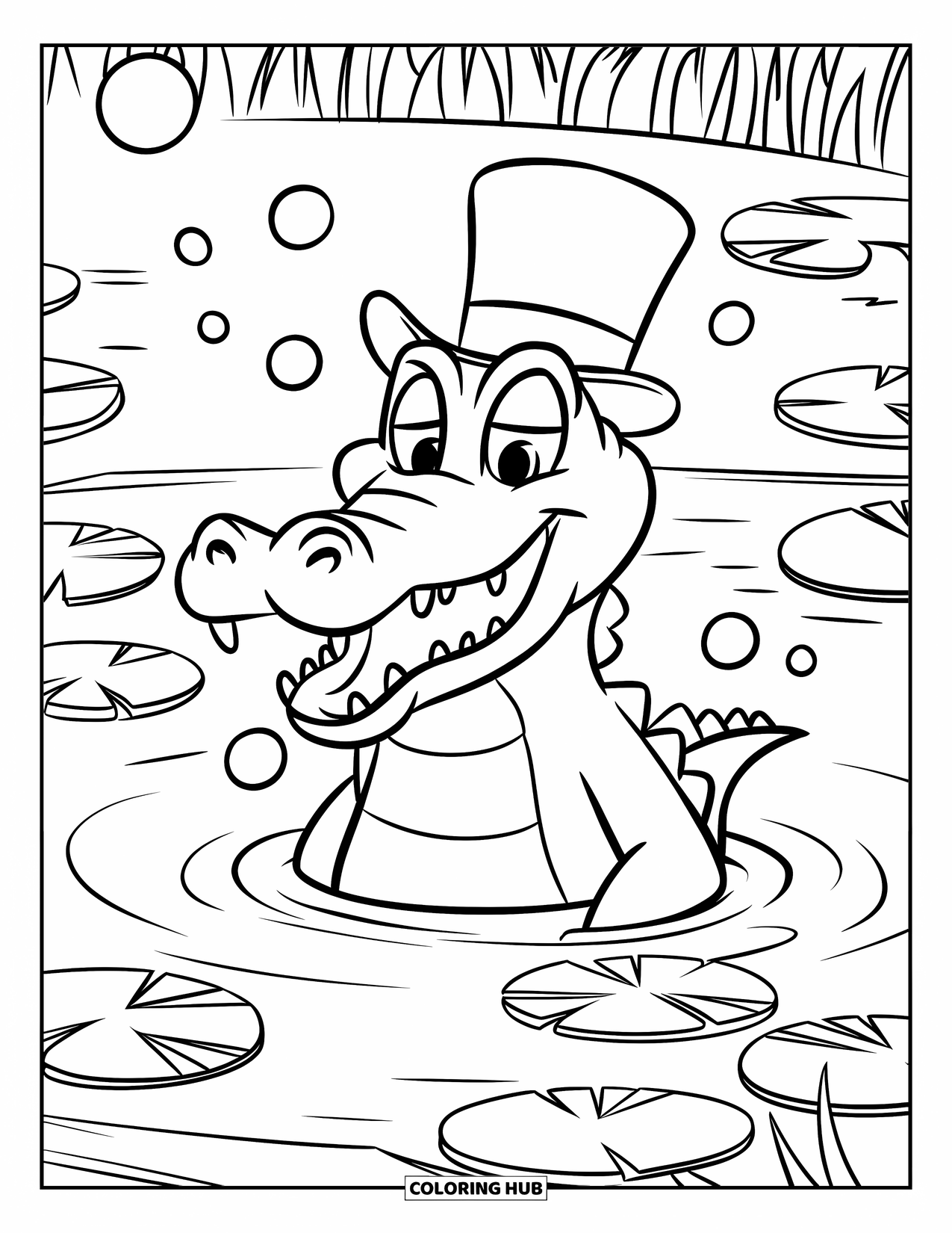 Desenho de Crocodilo para Colorir para Crianças: Um crocodilo senta-se em um lago, soprando bolhas sob uma cartola