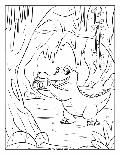 Coloriage de crocodiles pour enfants : Un crocodile prend des photos dans une grotte avec son appareil photo, entouré de lianes et d'arbres