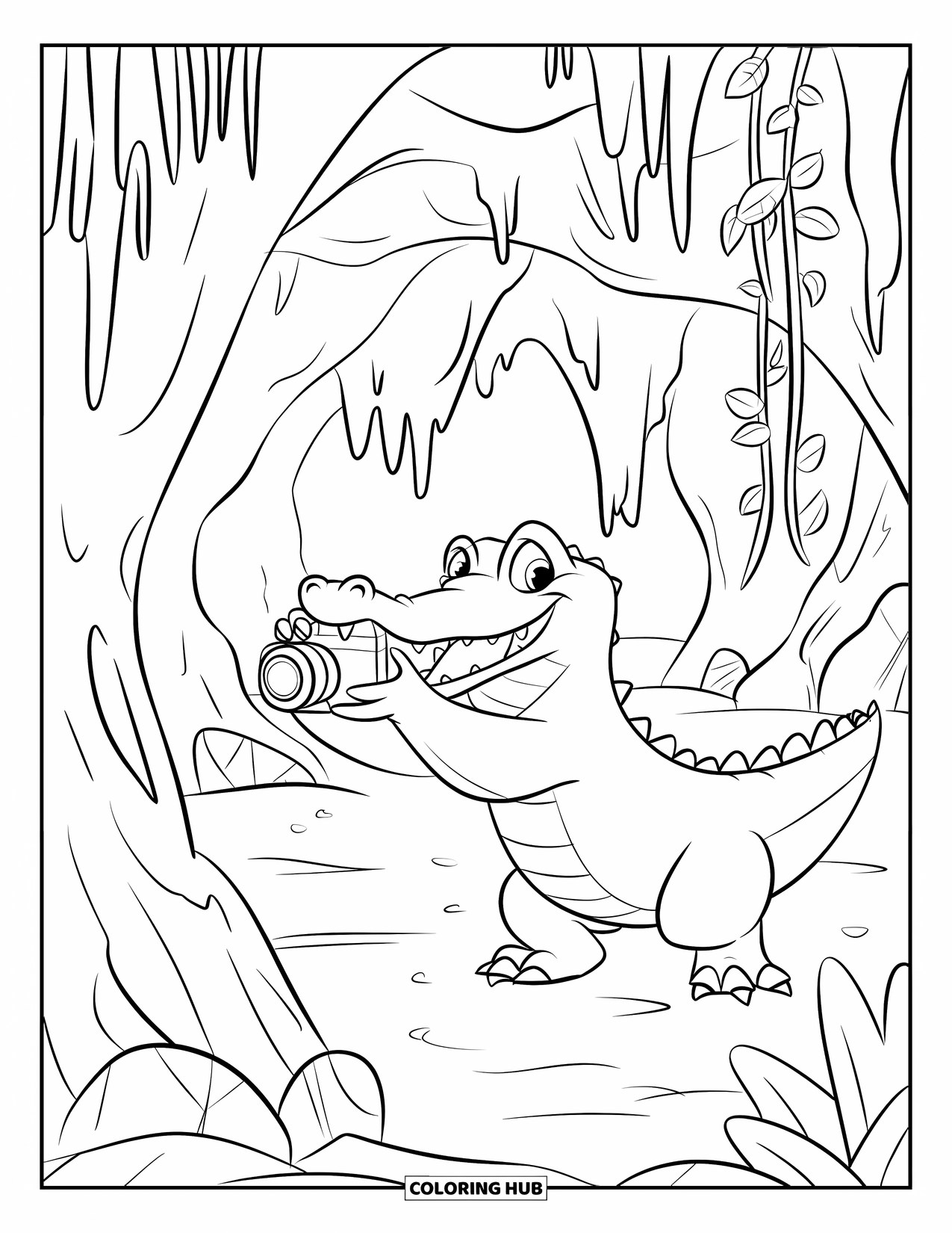 Desenho de Crocodilo para Colorir para Crianças: Um crocodilo tira fotos de cavernas com sua câmera cercado por cipós e árvores
