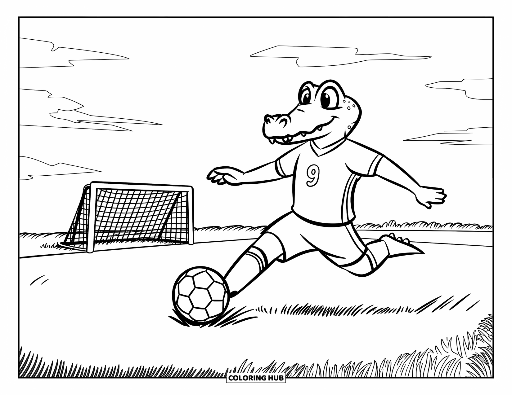 Desenho de Crocodilo para Colorir para Crianças: Um crocodilo jogador de futebol com uma camisa sorri enquanto mira no gol
