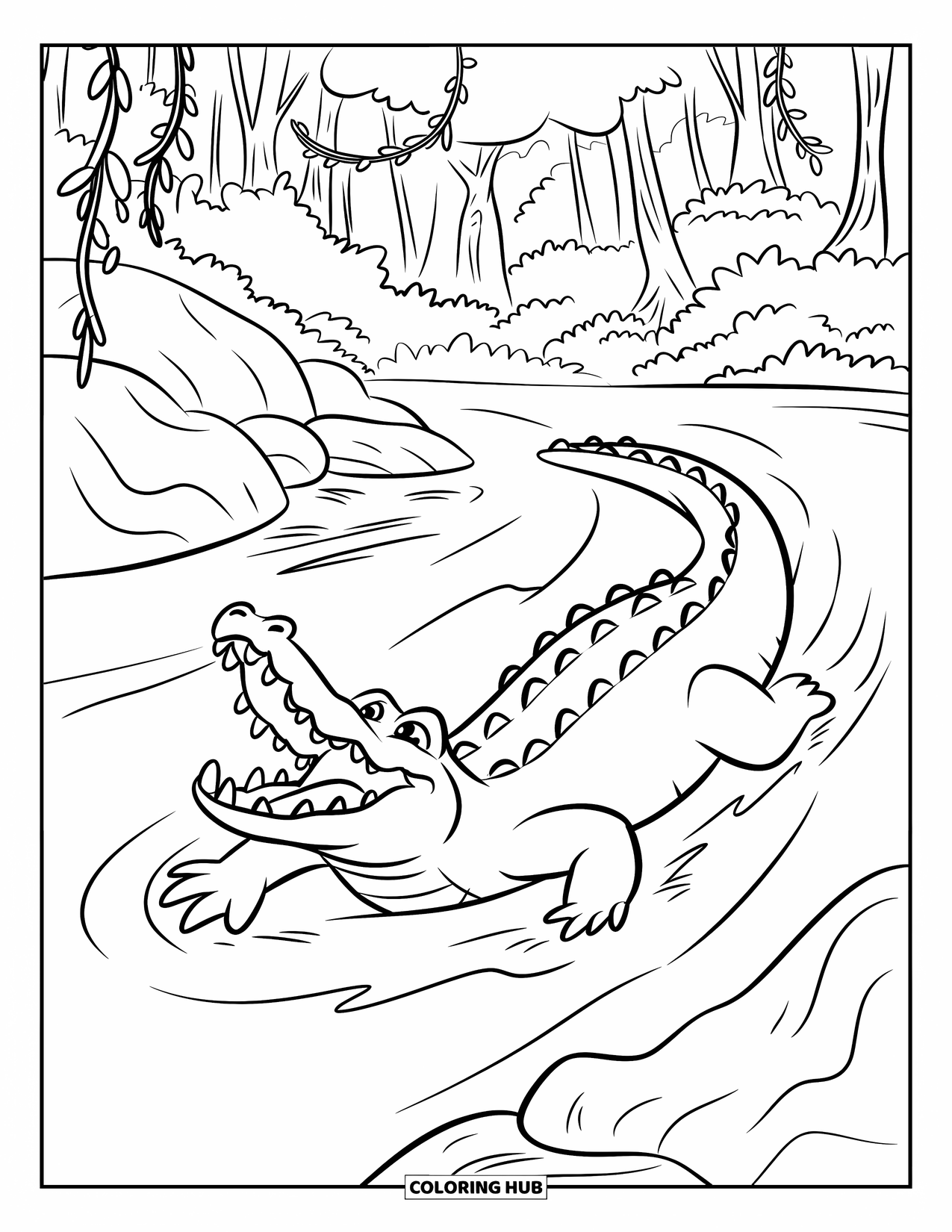 Desenho de Crocodilo para Colorir para Crianças: Um crocodilo nada com força contra a corrente de um rio através de pedras e árvores da selva