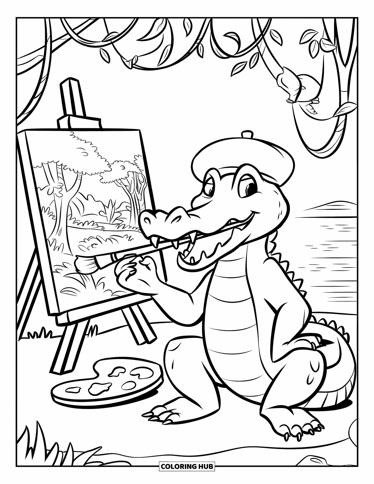 Desenho de Crocodilo para Colorir para Crianças: Um crocodilo usando uma boina pinta cipós e pássaros perto de um lago calmo