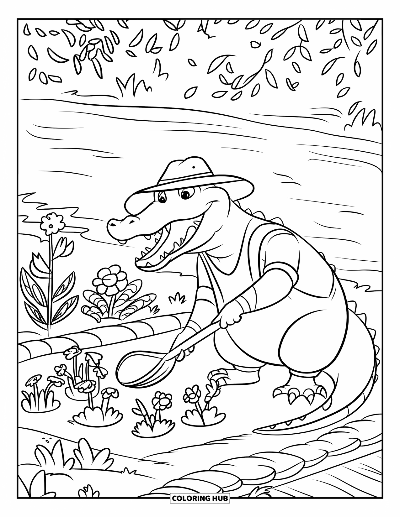 Desenho de Crocodilo para Colorir para Crianças: Um crocodilo usando um chapéu planta flores ao lado de um rio com árvores e um caminho