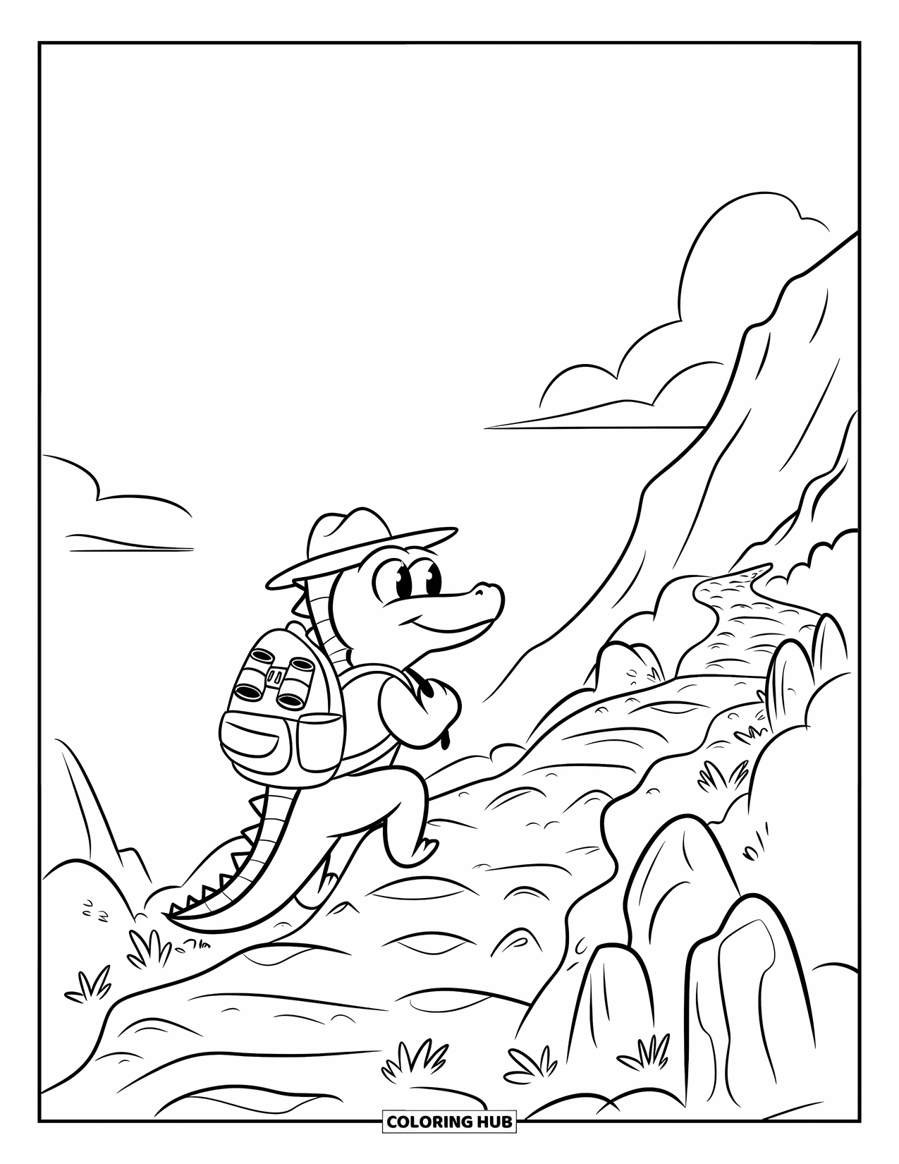 Desenho de Crocodilo para Colorir para Crianças: Um crocodilo com um chapéu explora uma trilha rochosa cercada por céu e árvores