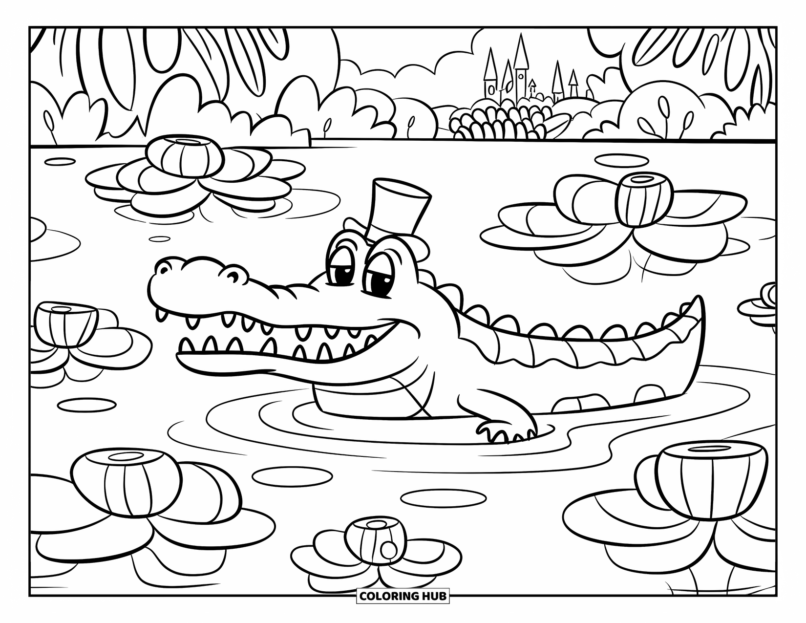 Desenho de Crocodilo para Colorir para Crianças: Um crocodilo com um chapéu sorri em um lago com flores flutuantes e um castelo
