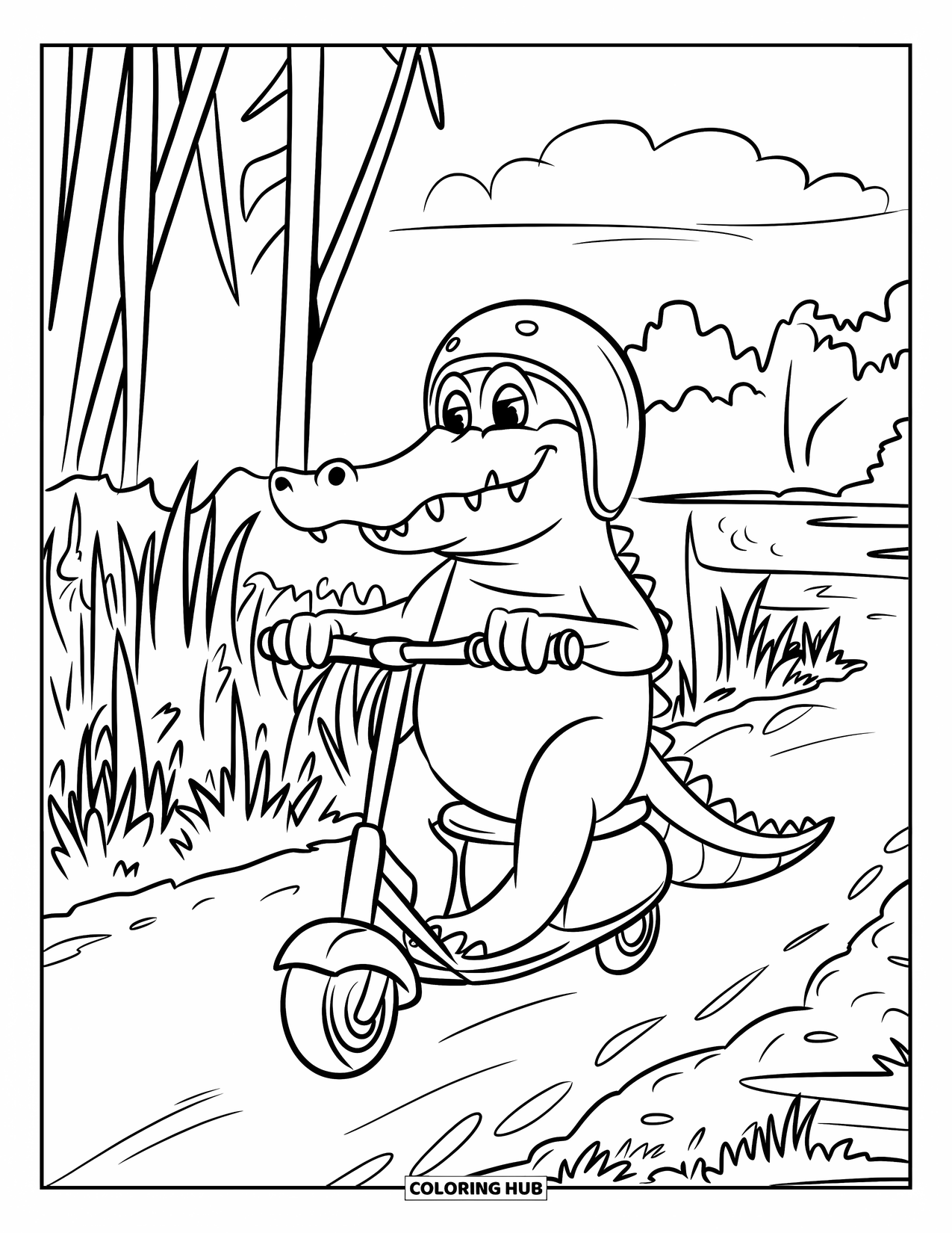 Desenho de Crocodilo para Colorir para Crianças: Um crocodilo com um capacete anda de scooter ao lado de um caminho de terra pantanoso