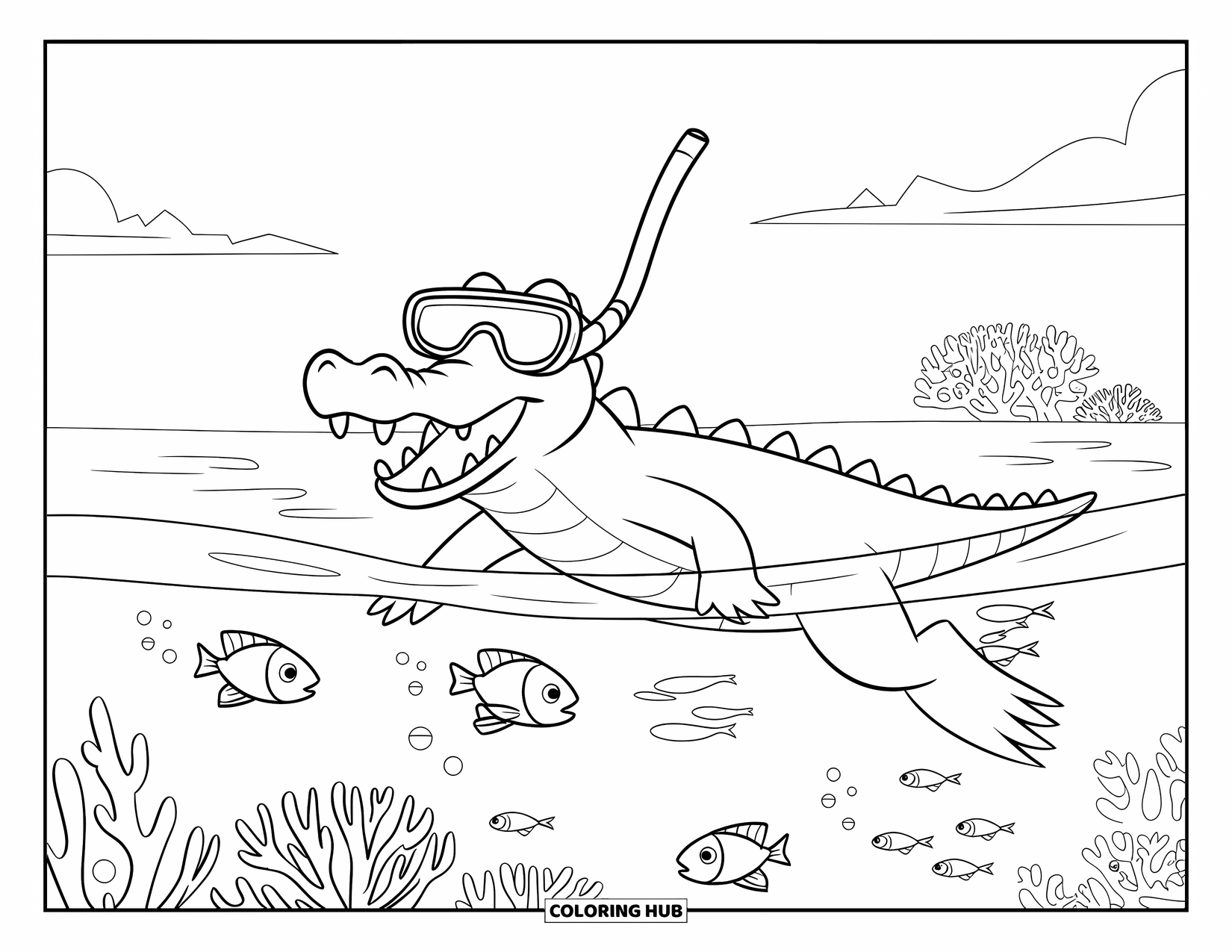 Desenho de Crocodilo para Colorir para Crianças: Um crocodilo com uma máscara de snorkel sorri para os peixes em uma lagoa cheia de corais