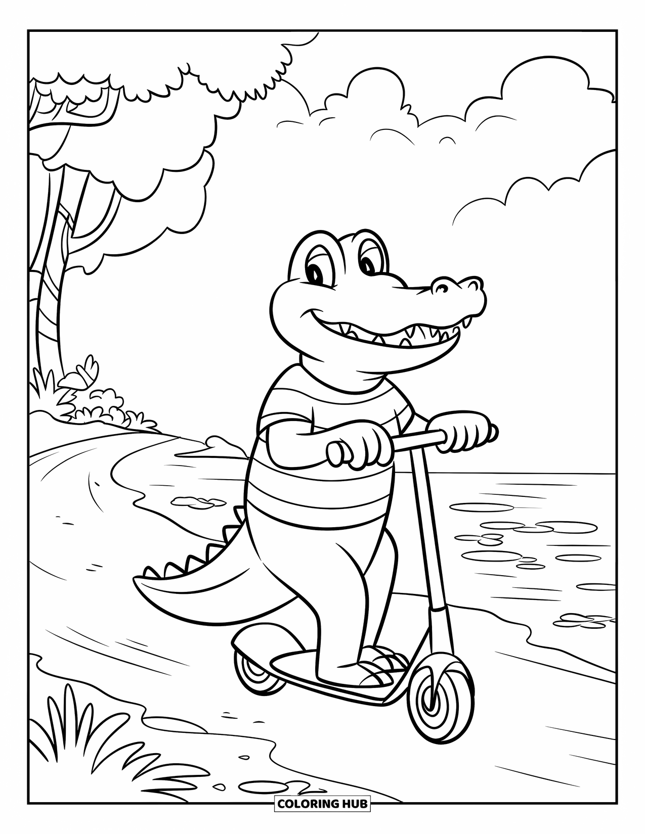 Desenho de Crocodilo para Colorir para Crianças: Um crocodilo com uma camisa listrada anda de scooter perto de árvores e céus nublados