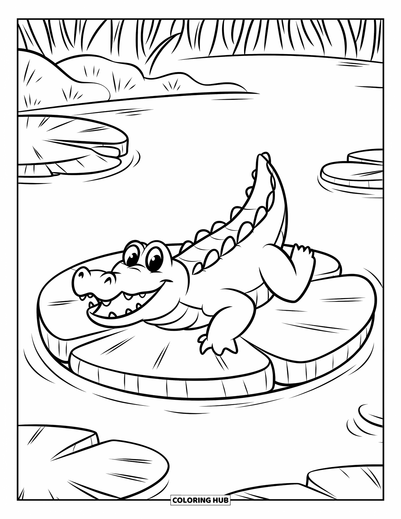 Desenho de Crocodilo para Colorir para Crianças: Um crocodilo com olhos brilhantes e boca aberta flutua em uma folha de nenúfar em um riacho da floresta