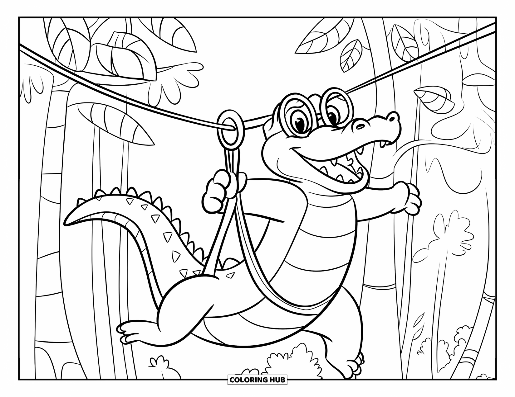 Desenho de Crocodilo para Colorir para Crianças: Um crocodilo com óculos e uma camisa listrada desliza em uma tirolesa passando por folhas tropicais