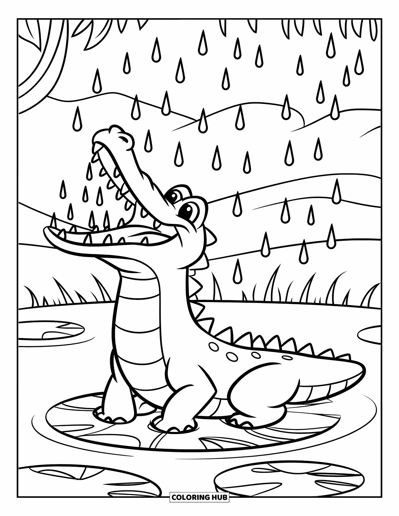 Desenho de Crocodilo para Colorir para Crianças: Um crocodilo com a boca aberta pega gotas de chuva enquanto está sentado em uma folha de nenúfar