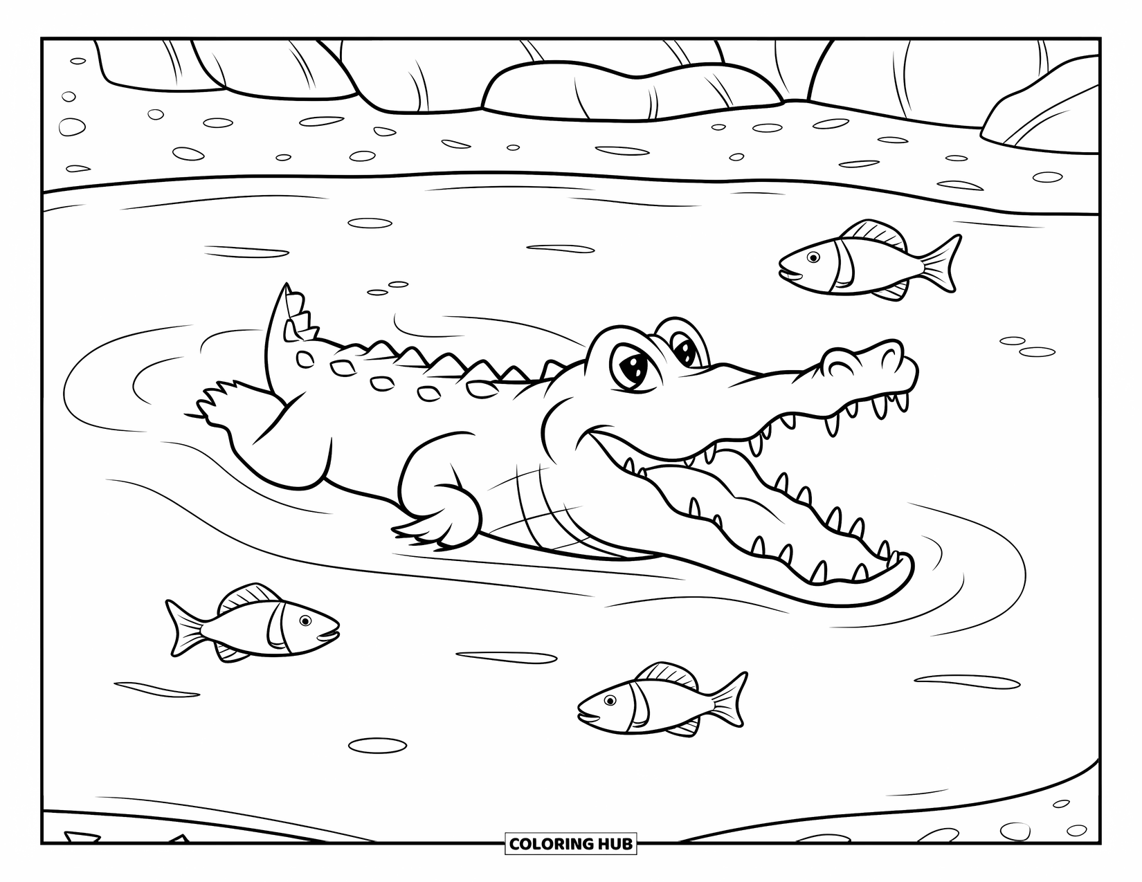 Desenho de Crocodilo para Colorir para Crianças: Um crocodilo com dentes afiados mergulha perto de peixes em uma lagoa arenosa