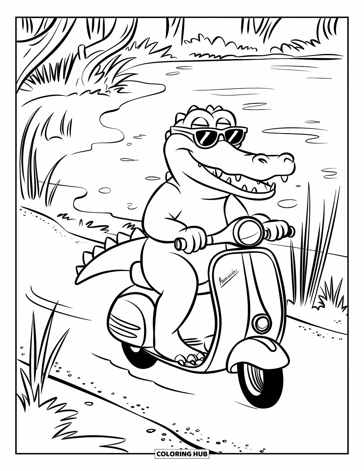 Desenho de Crocodilo para Colorir para Crianças: Um crocodilo com óculos de sol anda de scooter ao longo de um caminho pantanoso arborizado