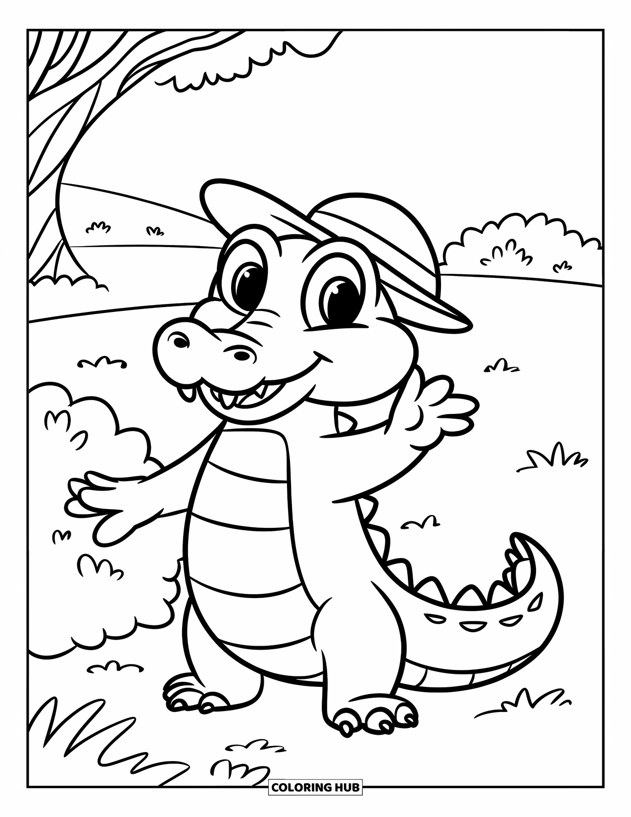 Desenho de Crocodilo para Colorir para Crianças: Um crocodilo fofo acena com o rabo perto de um arbusto, sorrindo sob um céu ensolarado