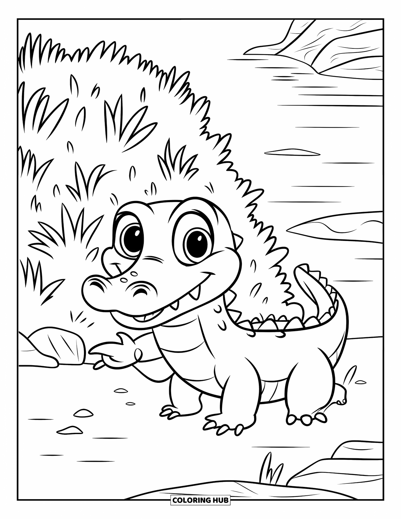 Desenho de Crocodilo para Colorir para Crianças: Um crocodilo amigável acena perto de arbustos e pequenas pedras à beira de uma água tranquila