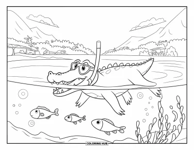 Coloriage Crocodile pour enfants : Un crocodile portant des lunettes de protection fait de la plongée avec tuba près de poissons, d’arbres et de montagnes lointaines