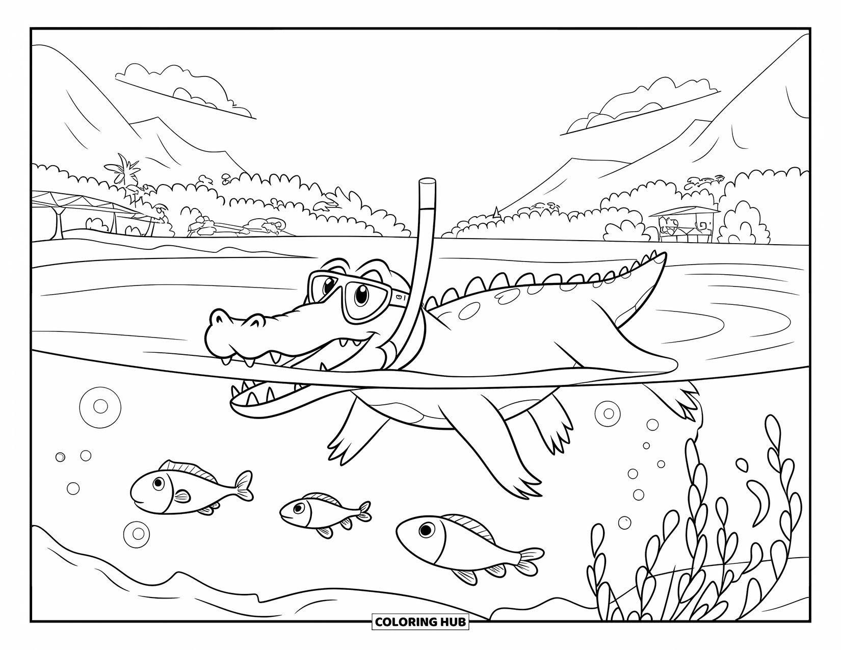 Desenho de Crocodilo para Colorir para Crianças: Um crocodilo usando óculos de proteção mergulha perto de peixes, árvores e montanhas distantes