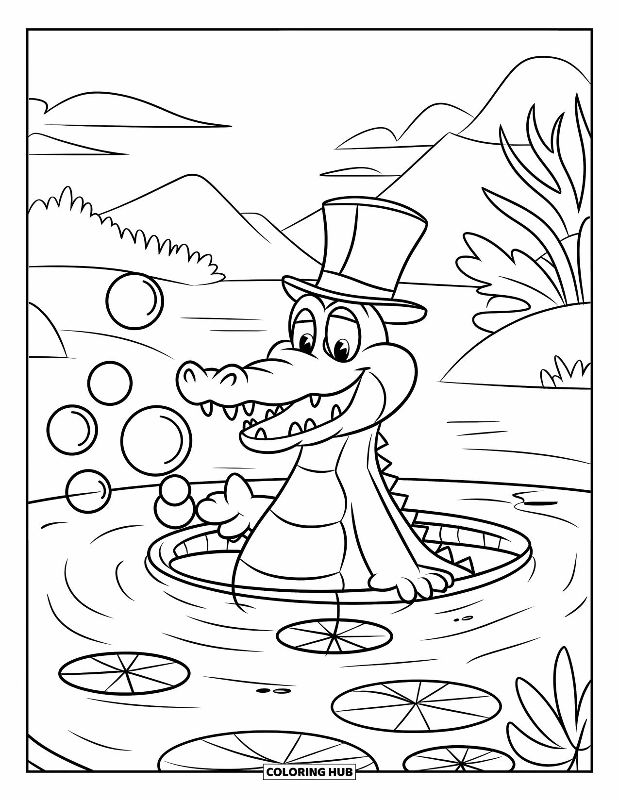 Desenho de Crocodilo para Colorir para Crianças: Um crocodilo sorridente sopra bolhas sobre folhas de nenúfar e uma vista para a montanha