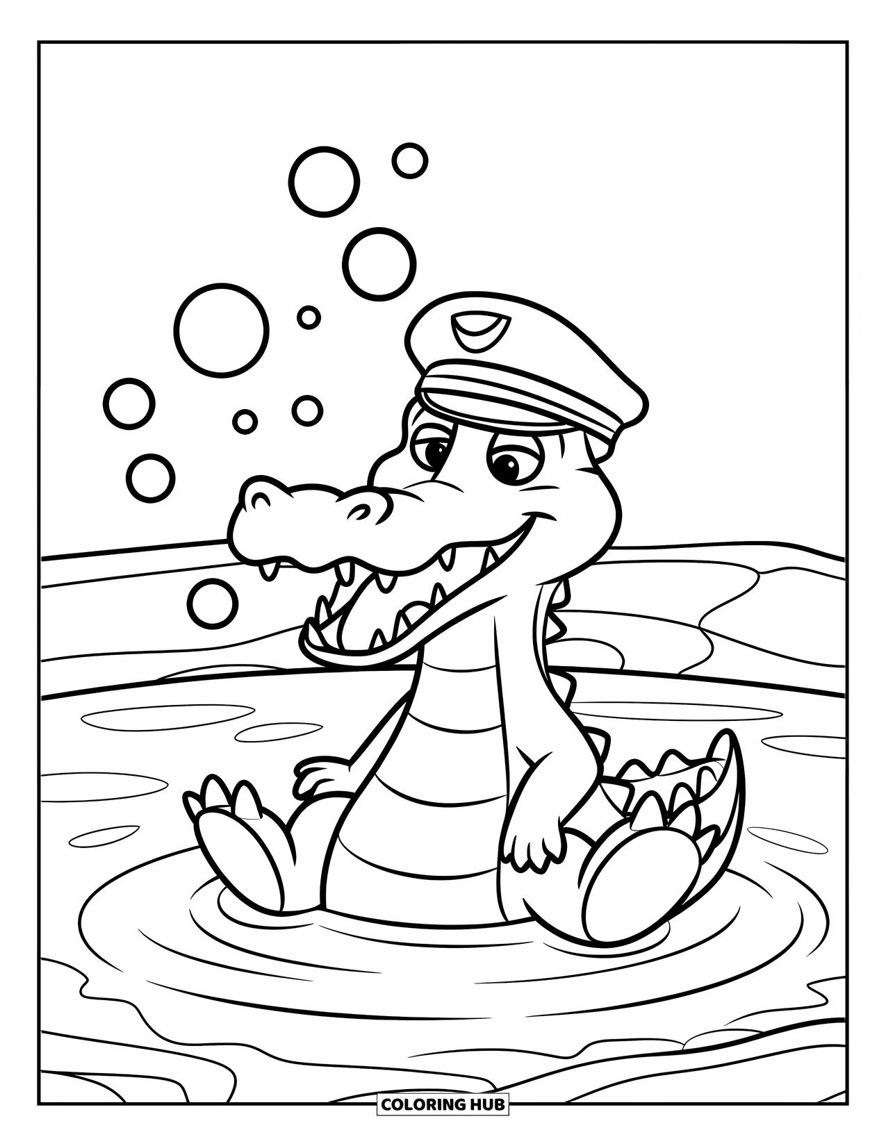 Desenho de Crocodilo para Colorir para Crianças: Um crocodilo feliz com um chapéu de capitão sopra bolhas em um lago tranquilo