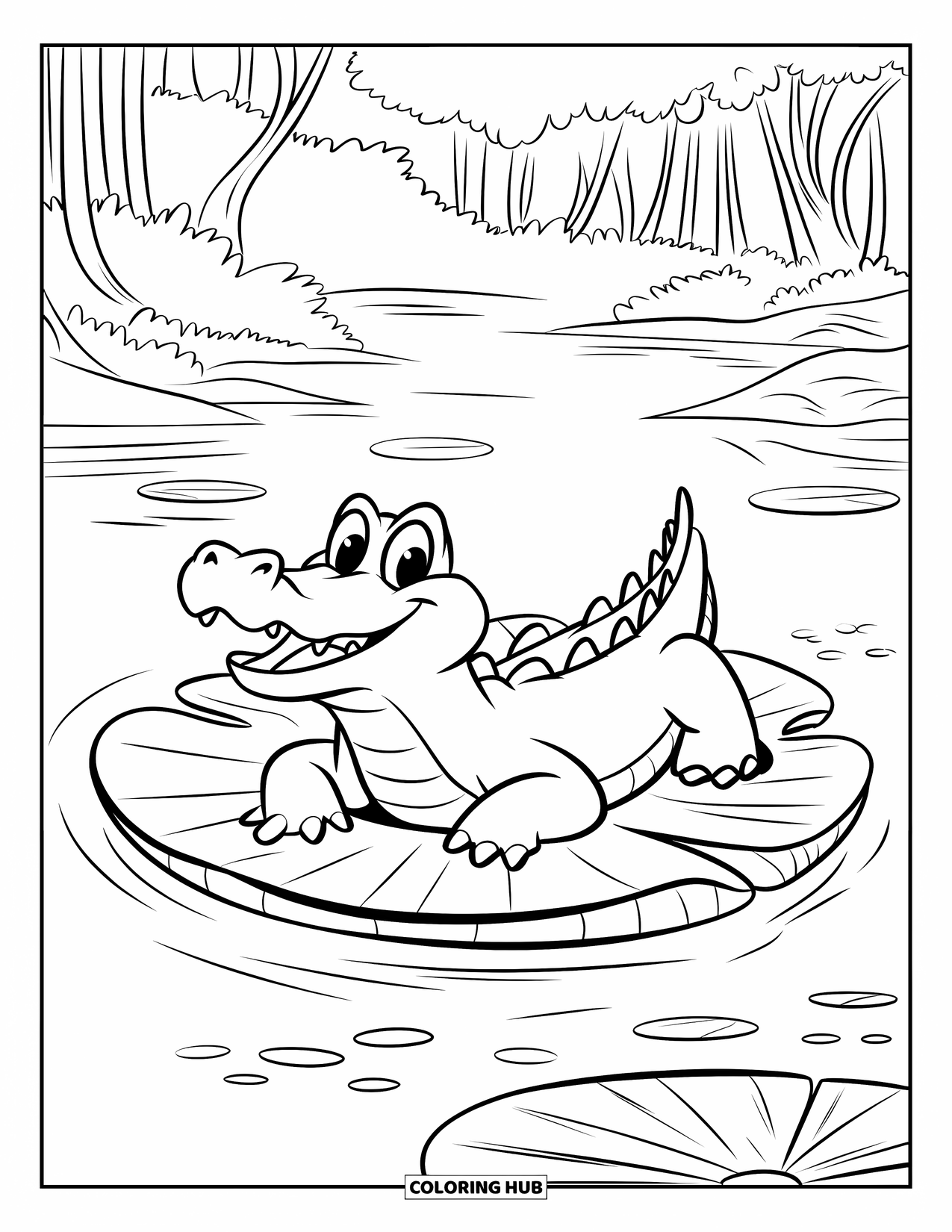 Desenho de Crocodilo para Colorir para Crianças: Um crocodilo feliz com olhos grandes descansa em uma folha de nenúfar em um rio da floresta ondulante