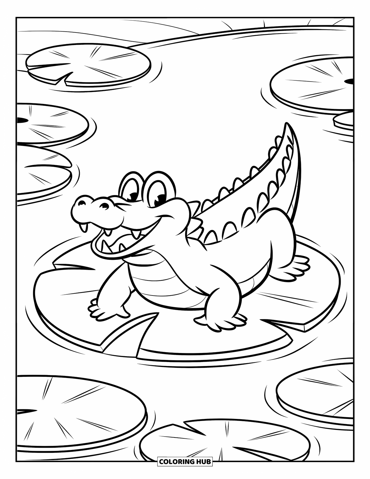 Desenho de Crocodilo para Colorir para Crianças: Um crocodilo alegre flutua em uma folha de nenúfar, com os olhos fechados e sorrindo no rio
