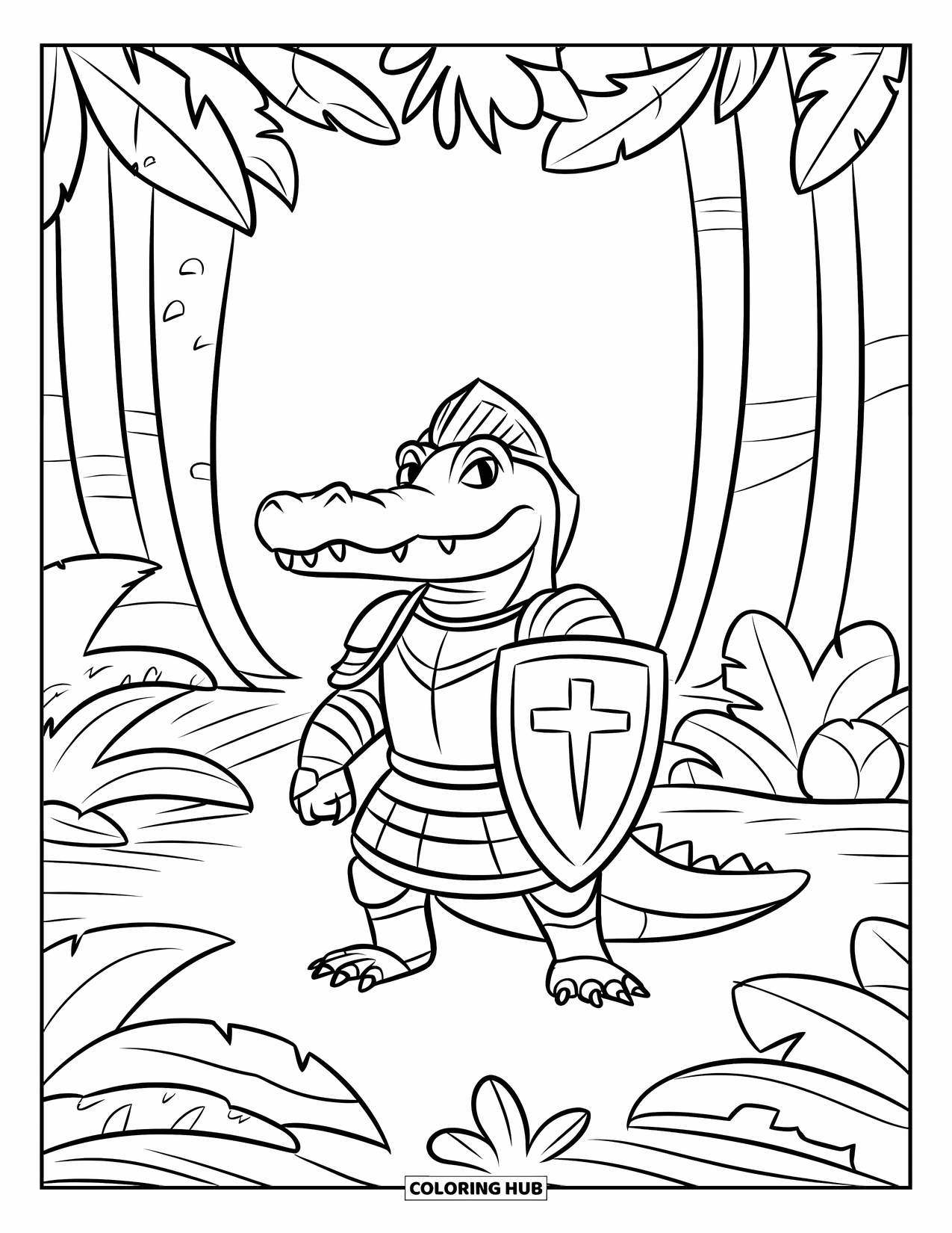 Desenho de Crocodilo para Colorir para Crianças: Um crocodilo cavaleiro da selva está entre árvores altas segurando um escudo cruzado