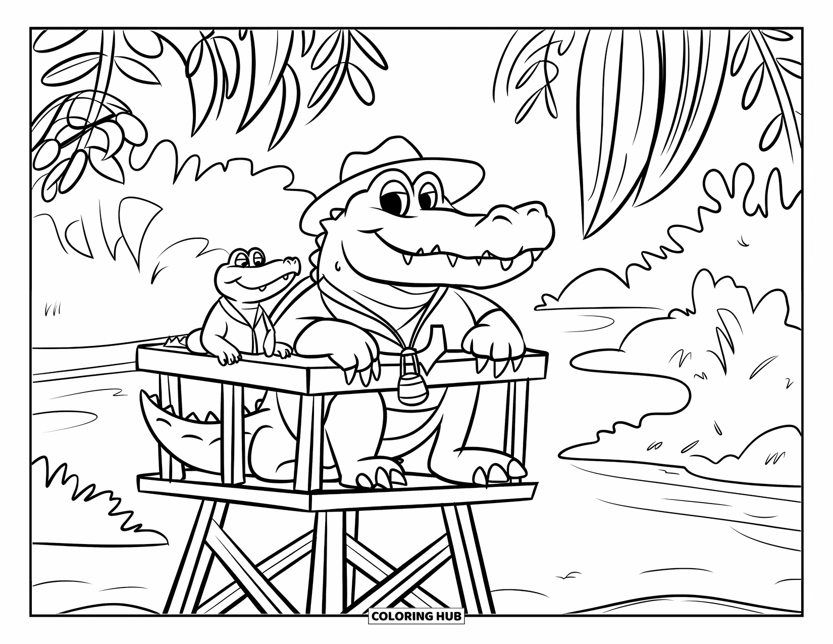 Desenho de Crocodilo para Colorir para Crianças: Um crocodilo salva-vidas com dois amigos observa de uma torre de selva frondosa