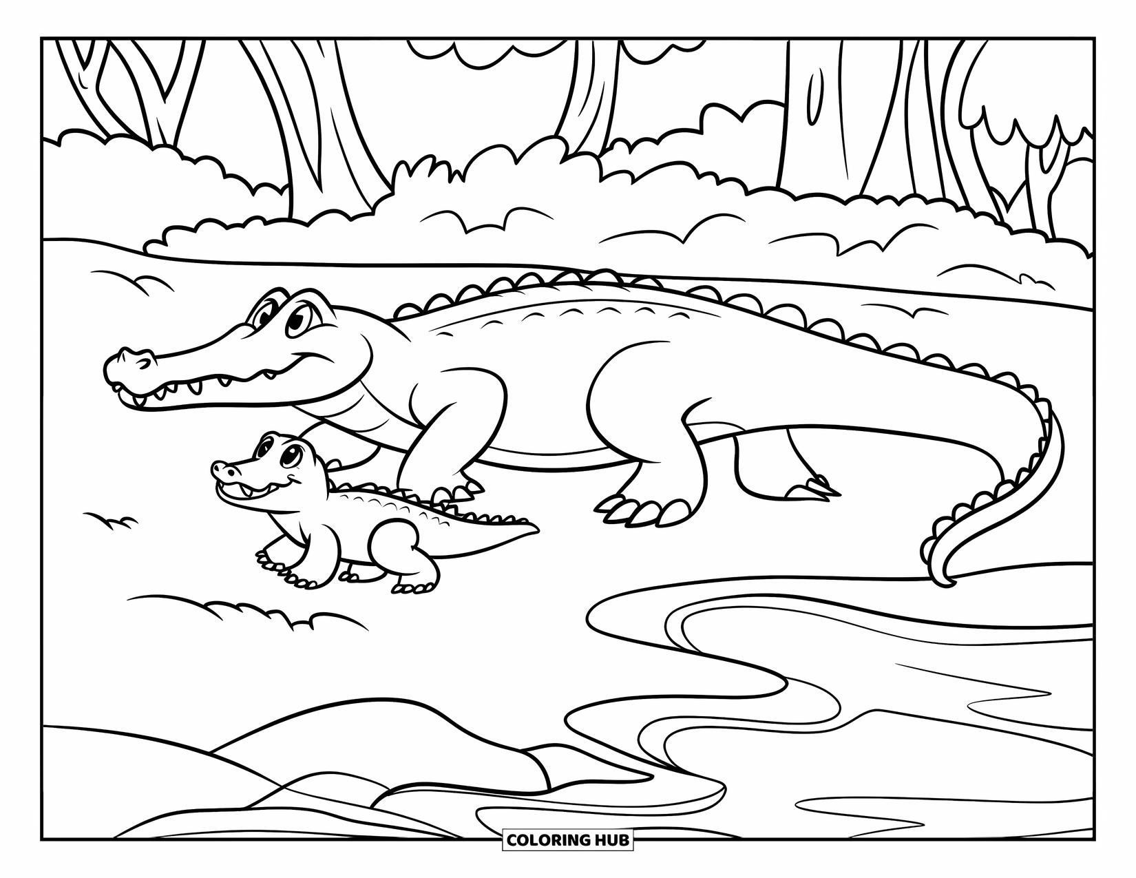 Desenho de Crocodilo para Colorir para Crianças: Uma mamãe e um bebê crocodilo caminham ao lado de um rio tranquilo com contornos marcantes