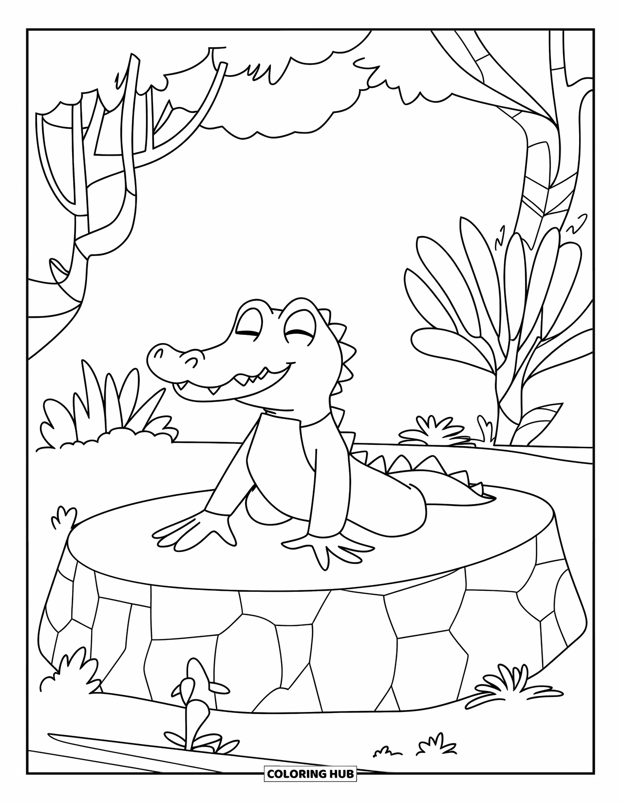 Desenho de Crocodilo para Colorir para Crianças: Um crocodilo tranquilo em equipamento de ioga se alonga perto de árvores, pássaros e céus azuis