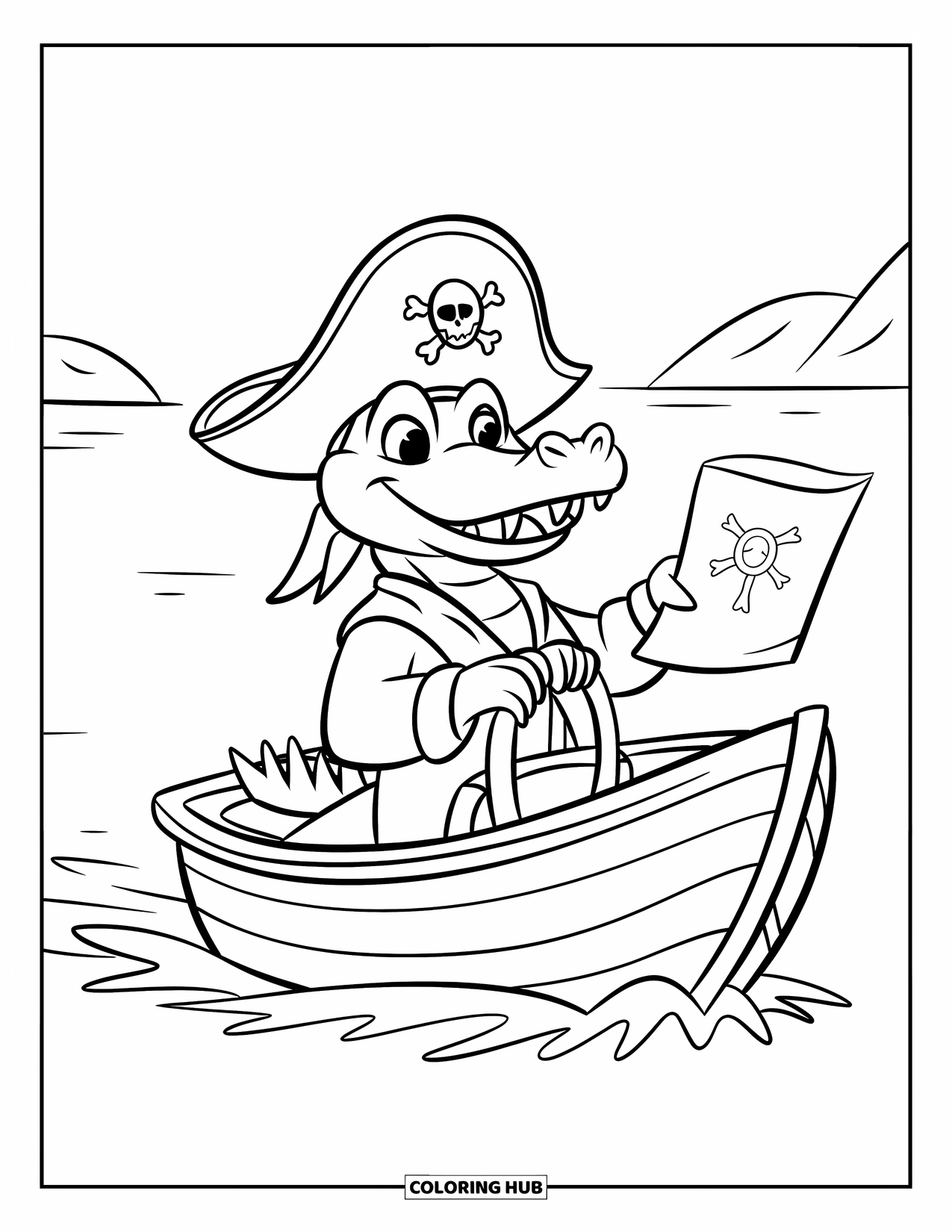 Desenho de Crocodilo para Colorir para Crianças: Um crocodilo pirata dirige um barco com um mapa, navegando por pequenas ilhas