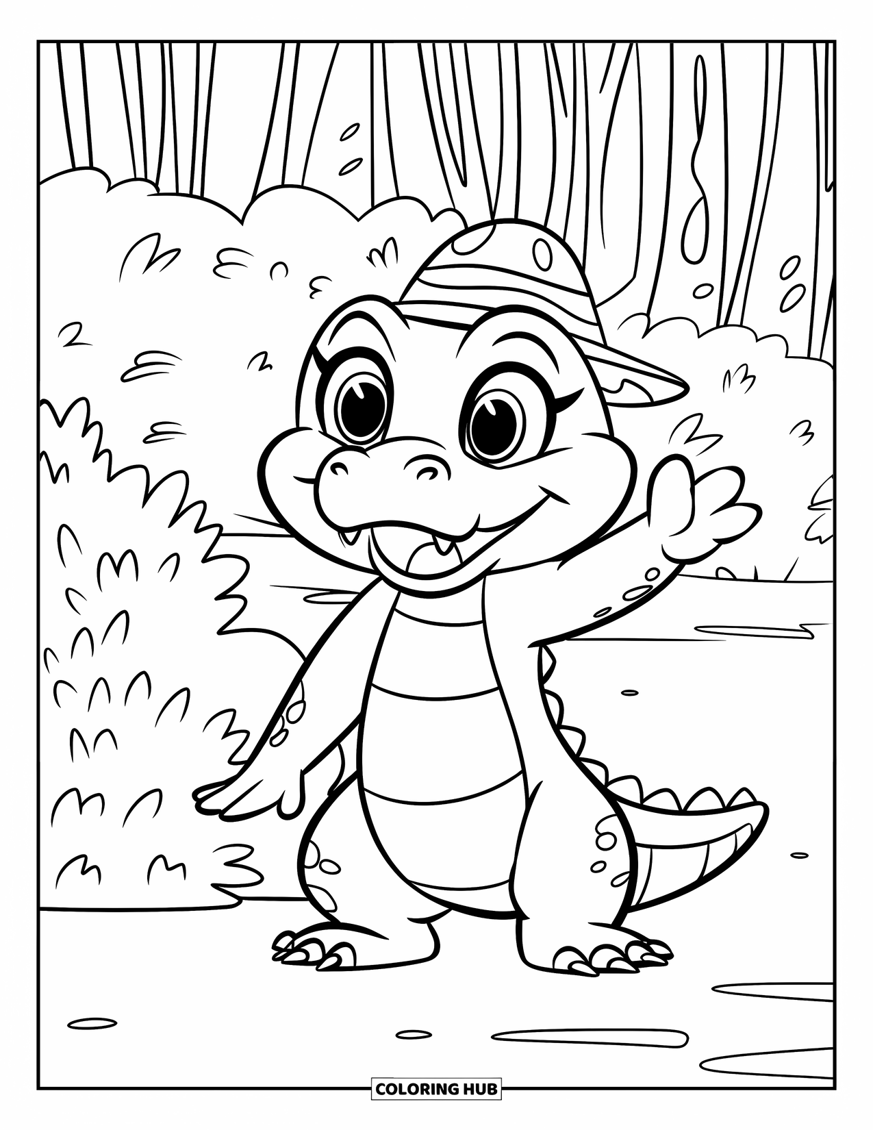 Desenho de Crocodilo para Colorir para Crianças: Um crocodilo brincalhão com um chapéu moderno acena perto de arbustos em uma floresta frondosa