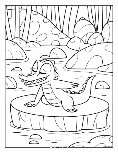 Coloriage Crocodile pour enfants : Un crocodile détendu fait du yoga sur un gros rocher entouré d’une nature paisible