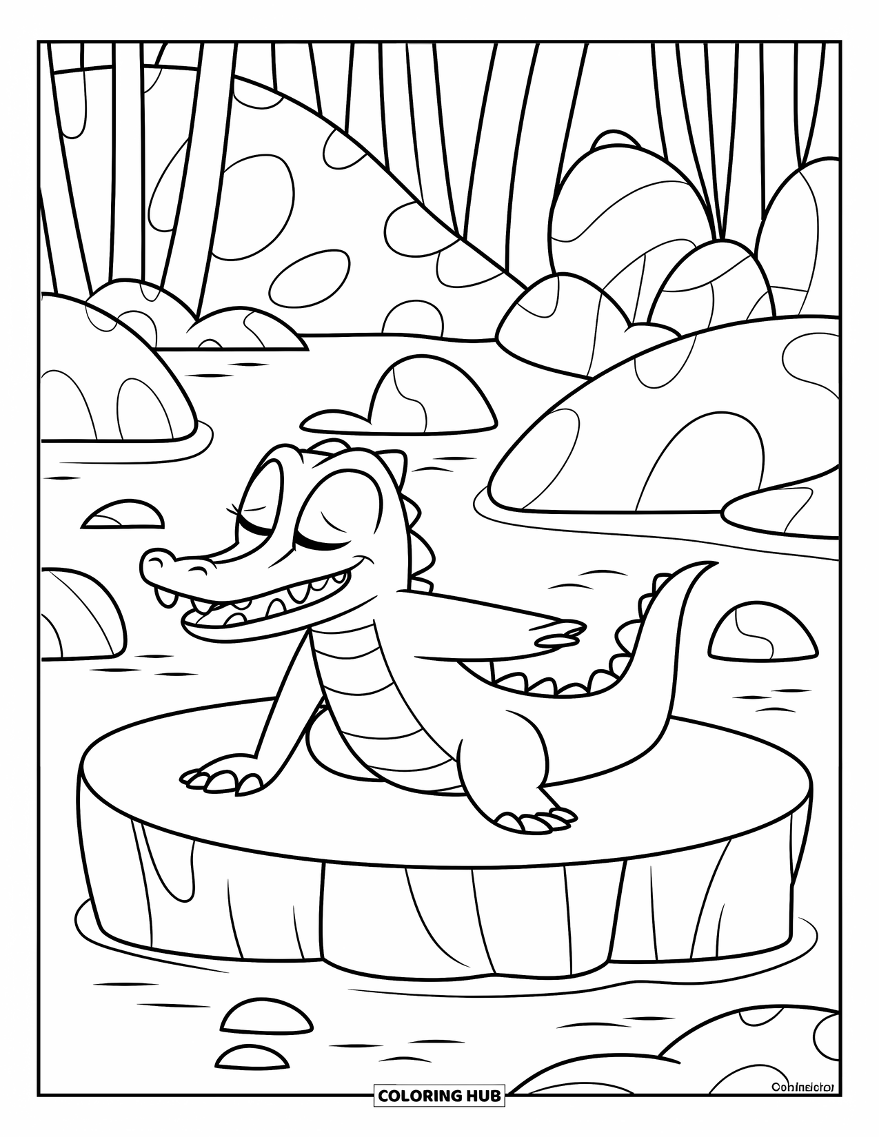 Desenho de Crocodilo para Colorir para Crianças: Um crocodilo relaxado faz ioga em uma grande rocha cercada por natureza tranquila