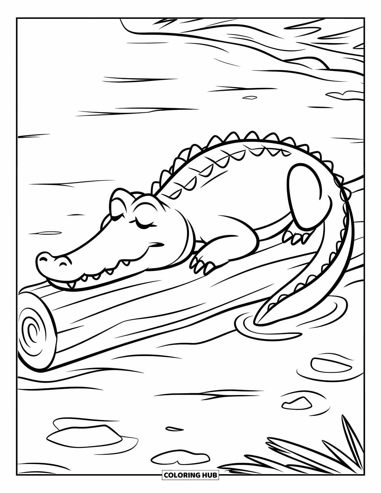 Desenho de Crocodilo para Colorir para Crianças: Um crocodilo sonolento cochila pacificamente em um tronco flutuante em um lago calmo e tranquilo