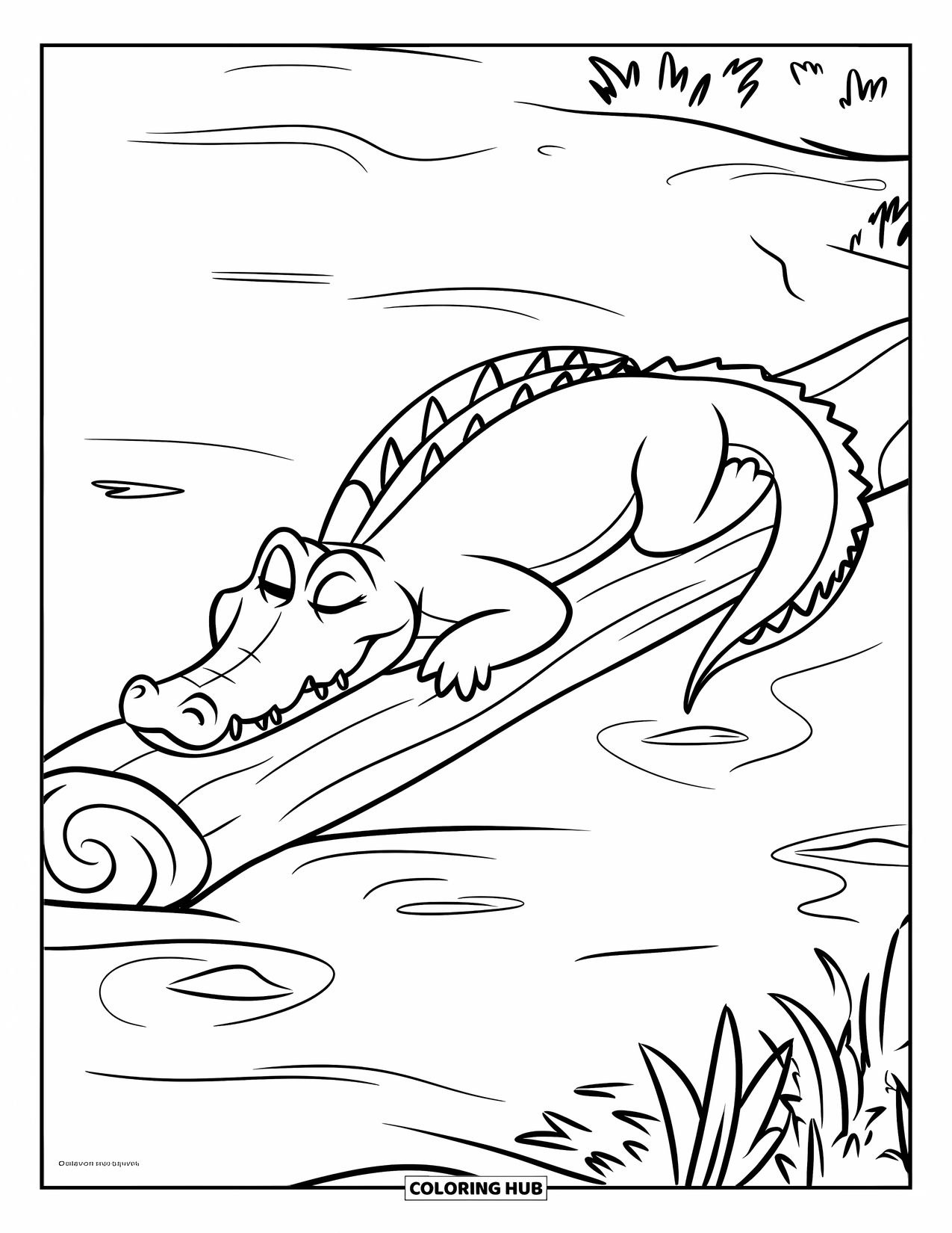Desenho de Crocodilo para Colorir para Crianças: Um crocodilo sonolento com um leve sorriso descansa em um tronco com ondulações e plantas por perto