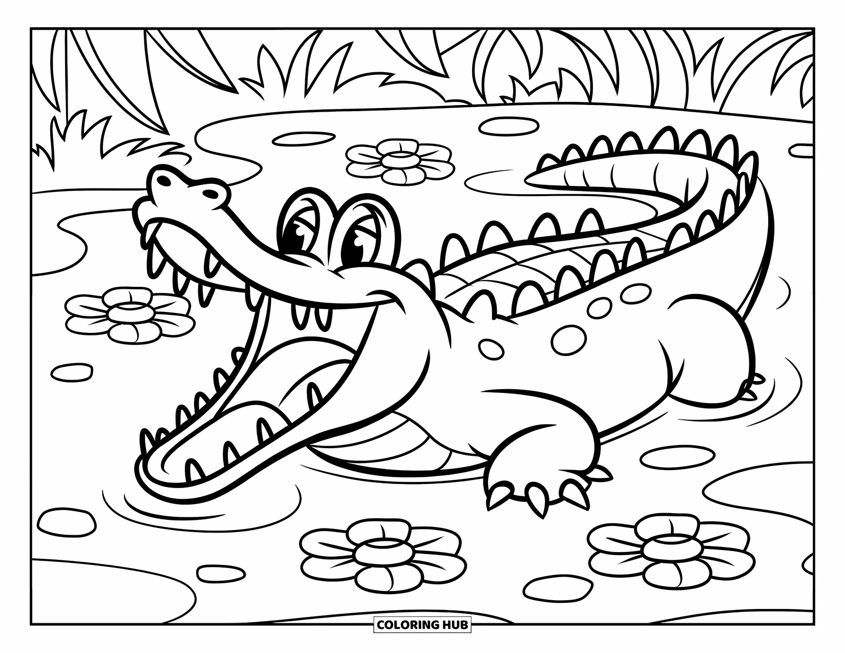 Desenho de Crocodilo para Colorir para Crianças: Um crocodilo sorridente flutua em um lago cheio de flores redondas e vegetação