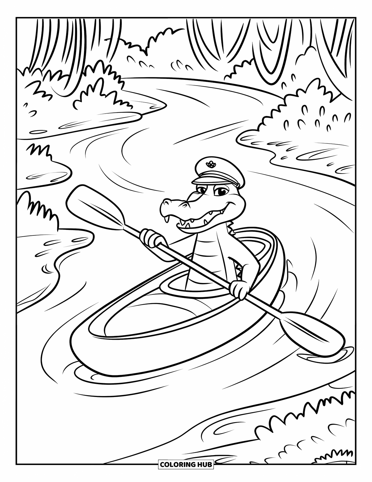 Desenho de Crocodilo para Colorir para Crianças: Um crocodilo sorridente rema um caiaque através de um rio sinuoso na selva