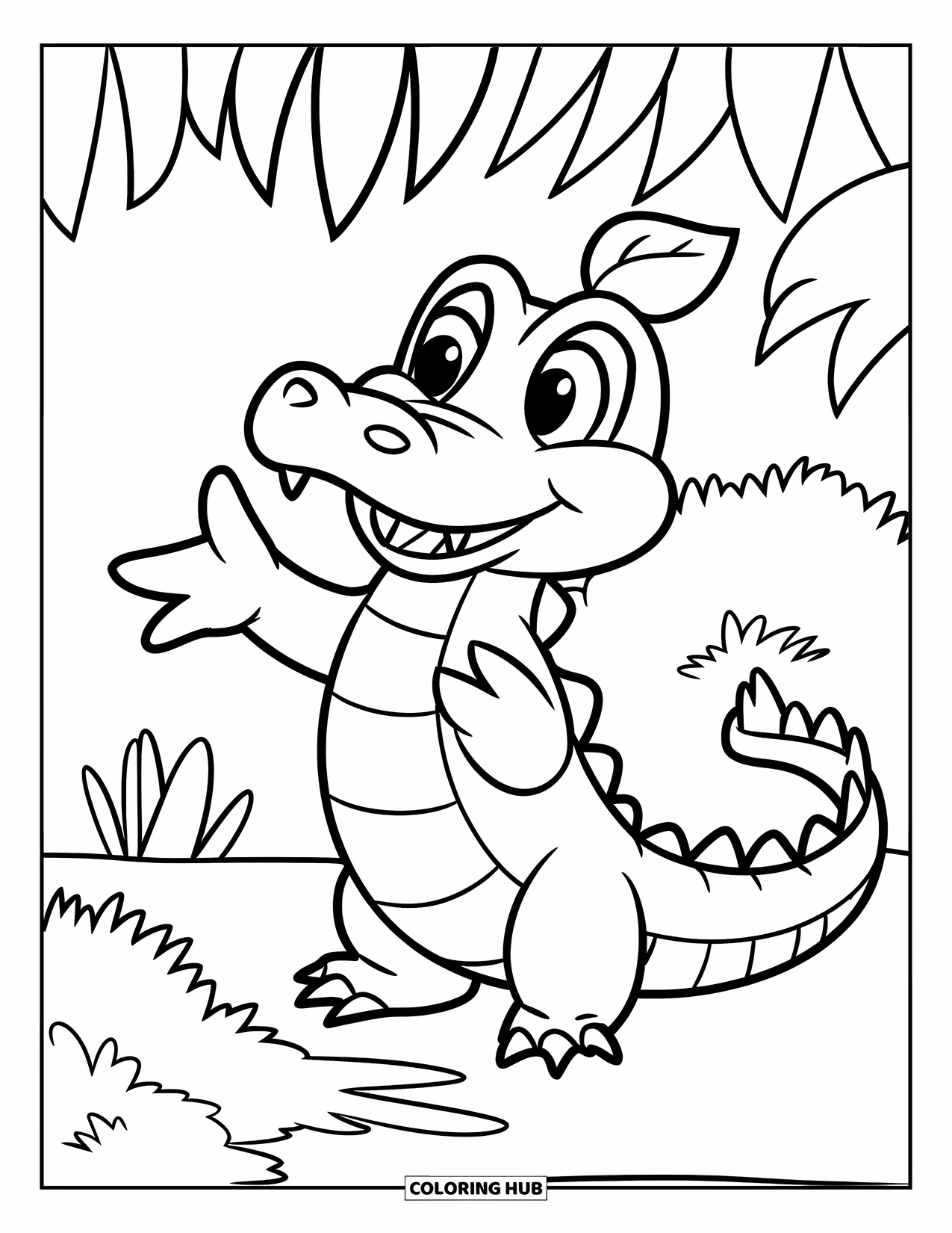 Desenho de Crocodilo para Colorir para Crianças: Um crocodilo sorridente acena com um chapéu de folhas na cabeça em uma floresta tranquila
